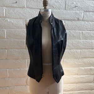 Donna Karan Black Leather Zip-Front Sleeveless Vest